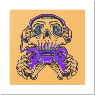 A skull gamer holding a  purple joystick controller and wearing headphone. Posters and Art